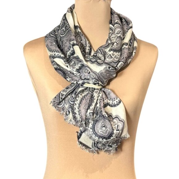 NWT J. Crew Paisley Scarf Pashmina Wrap Cream Gray Fringe Old Money Preppy Fall - Picture 6 of 8